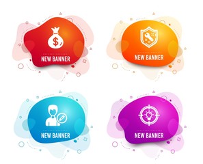Liquid badges. Set of Money bag, Edit person and Spanner icons. Idea sign. Usd currency, Change user info, Repair service. Solution.  Gradient money bag icon. Flyer fluid design. Abstract shapes