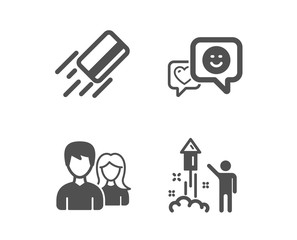 Set of Couple, Credit card and Smile icons. Fireworks sign. Male and female, Bank payment, Socila media. Party pyrotechnic.  Classic design couple icon. Flat design. Vector