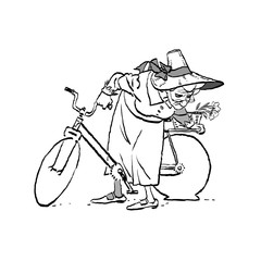An elderly woman on a Bicycle. Damaged wheel. Granny in a hat on a bike. Active Longevity