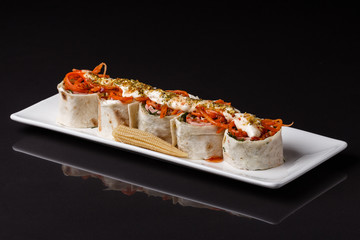 Rolls with pita and ham on white plate