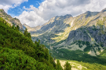 Fototapeta premium Tourist route in summer High Tatra mountains, scenic landscape with rocks, green trees and blue cloudy sky, outdoor travel background, Strbske Pleso region, Slovakia (Slovensko)