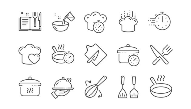 Cooking line icons. Boiling time, Frying pan and Kitchen utensils. Fork, spoon and knife line icons. Recipe book, chef hat and cutting board. Linear set. Vector