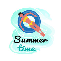 Summer time, woman in yellow bikini swimsuit swimming on blue inflatable donut in water. Vector summer rest, girl in bikini relaxing in ring isolated label