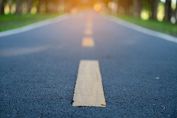 Asphalt road surface for running or exercise path in the park.Asphalt road through the deep park morning. nature background with sun light.