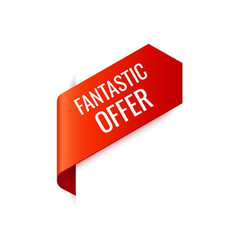 Red Vector Banner Ribbon on white background, left bookmark, fantastic offer