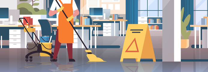 janitor mopping floor cleaner in uniform cleaning service concept trolley cart with supplies creative co-working center office interior flat closeup portrait horizontal banner