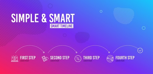 Infographic timeline. Pay money, Discount and Bitcoin icons simple set. Targeting sign. Hold cash, Special offer, Cryptocurrency laptop. Target with arrows. Finance set. 4 steps layout. Vector