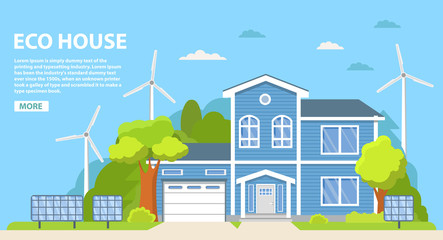 Green energy an eco friendly traditional suburban american house. Solar, wind energy .Family home.Townhouse building apartment.Home facade.Flat vector.Rural housing village chimney.Green house.