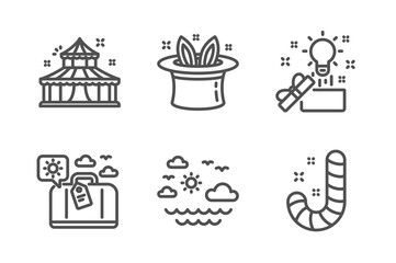 Travel luggage, Travel sea and Hat-trick icons simple set. Circus, Creative idea and Candy signs. Trip bag, Summer holidays. Holidays set. Line travel luggage icon. Editable stroke. Vector