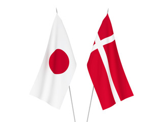 Obraz premium National fabric flags of Denmark and Japan isolated on white background. 3d rendering illustration.