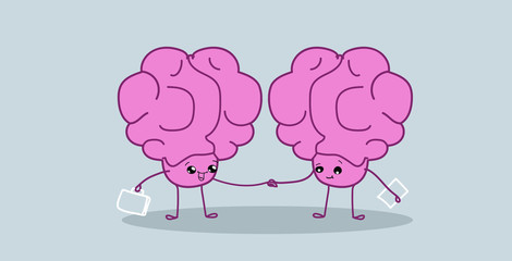human brains business couple shaking hands successful partnership agreement concept pink cartoon characters kawaii style horizontal sketch hand drawn