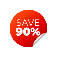 Red Vector Banner Sticker on white background, save 90 percent