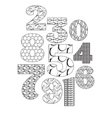 Numbers and digits set in the style of zentangle artwork. Alphabet coloring. Black and white vector objects on isolated background. Children, marine style.