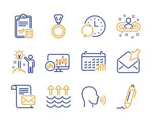 Medal, Update time and Candlestick chart icons simple set. Mail letter, Human sing and Accounting checklist signs. Calendar graph, Open mail and Recruitment symbols. Line medal icon. Colorful set