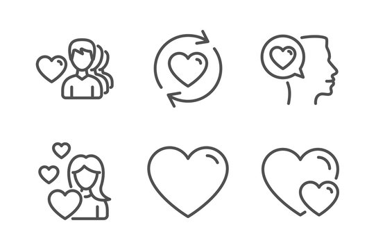 Heart, Update relationships and Love icons simple set. Romantic talk, Man love and Hearts signs. Romantic people. Love set. Line heart icon. Editable stroke. Vector