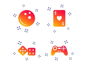 Bowling and Casino icons. Video game joystick and playing card with dice symbols. Entertainment signs. Random dynamic shapes. Gradient bowling icon. Vector