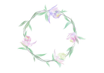A banner vectors of Watercolor flowers and green leafs on the circle crownd with branch and rope, beautiful floral frame banner on white background, element design for decoration