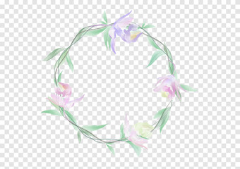 A banner vectors of Watercolor flowers and green leafs on the circle crownd with branch and rope, beautiful floral frame banner on transparency background, element design for decoration