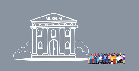Naklejka premium people crowd visiting museum building men women tourists group walking together popular touristic destination full length sketch doodle horizontal