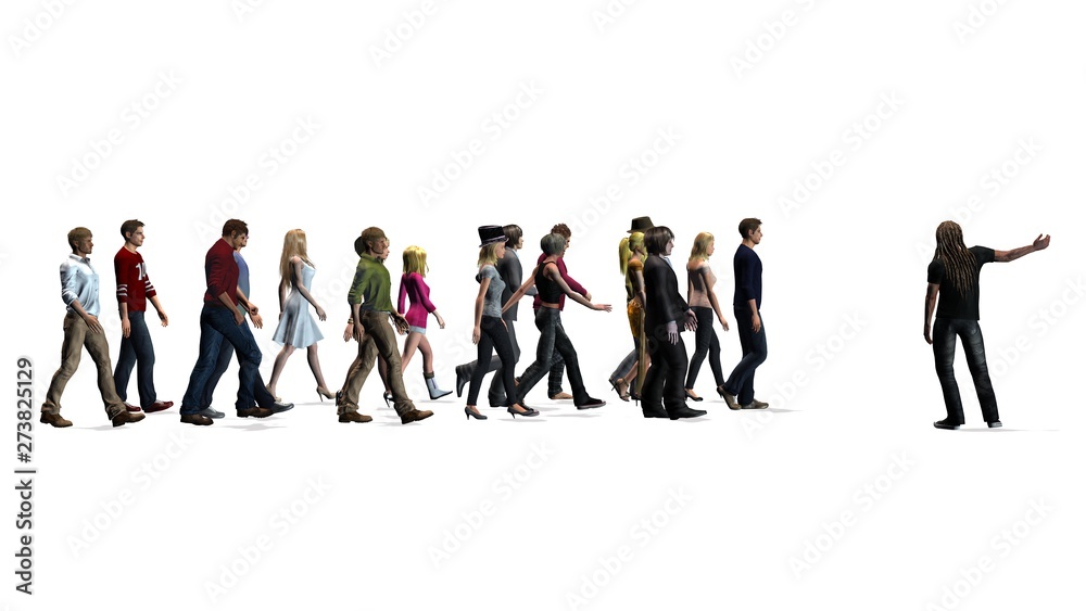 Wall mural People - a group of women and men following the direction of a man - isolated on white background