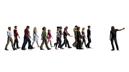 People - a group of women and men following the direction of a man - isolated on white background