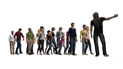 Obraz premium People - a group of women and men following the direction of a man - isolated on white background