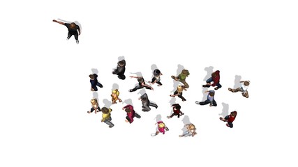 People - a group of women and men following the direction of a man - top view - isolated on white background