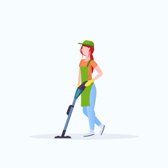 woman in apron using vacuum cleaner female janitor cleaning service floor care concept flat full length white background