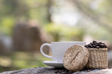 Coffee cups and coffee beans