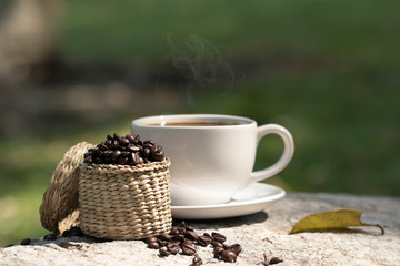 Coffee cups and coffee beans