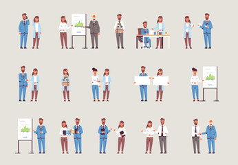 set businesspeople in different working situations business people working process successful teamwork concepts collection male female colleagues standing together flat full length horizontal vector
