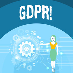 Writing note showing Gdpr. Business concept for General Data Protection Regulation privacy eu laws compliance Woman Presenting the SEO Process with Cog Wheel Gear inside