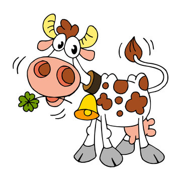 cute cow with brown spots, golden bell and four-leaf clover, color clipart isolated on white background