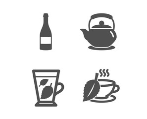 Set of Teapot, Champagne bottle and Mint leaves icons. Mint tea sign. Tea kettle, Anniversary alcohol, Mentha leaf. Mentha beverage.  Classic design teapot icon. Flat design. Vector
