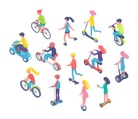 Fototapeta na wymiar People using eco transport vector, man and woman riding bikes an scooters flat style. Isolated teenagers on bicycles and modern hoverboards flat style
