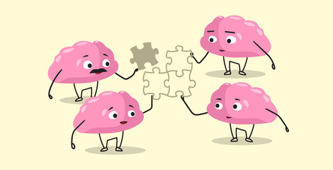 cute human brains putting parts of puzzle together pink cartoon characters brainstorming process successful teamwork strategy concept kawaii style horizontal