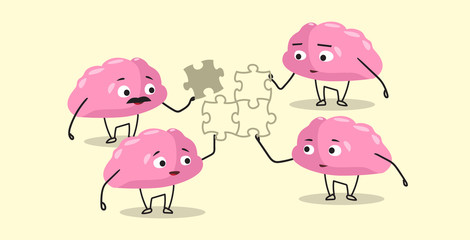 Fototapeta premium cute human brains putting parts of puzzle together pink cartoon characters brainstorming process successful teamwork strategy concept kawaii style horizontal