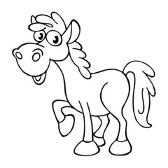 cute horse, farm pet, black and white line drawing
