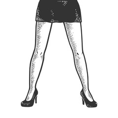 Young woman legs in short sexy mini skirt sketch engraving vector illustration. Scratch board style imitation. Black and white hand drawn image.