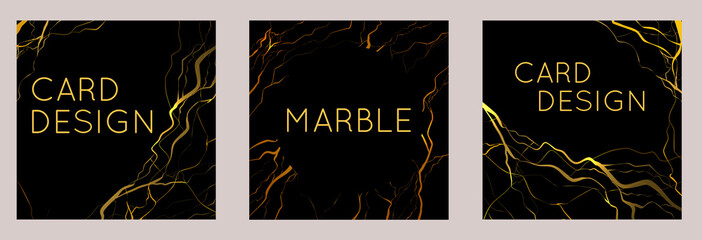 Set of square marble cards with golden cracks on a black background. Stylish templates for invitations, cards and your design. Luxury flyers with space for text.