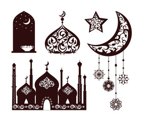 Oriental ornaments on different black silhouettes vector illustration of isolated on white background star moon, eastern mosque, nightscape in window