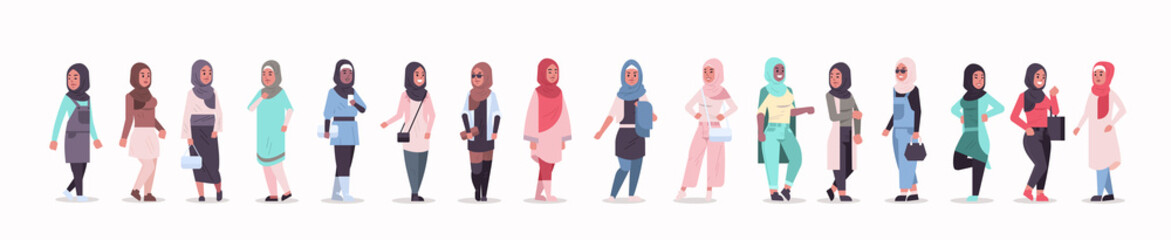 set arabic women in hijab different arab girls wearing headscarf traditional clothes female cartoon characters collection full length flat horizontal banner - obrazy, fototapety, plakaty
