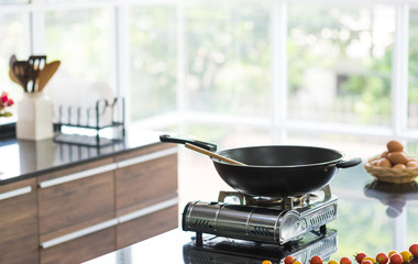 Close up modern kitchen room with kitchen equipment and food