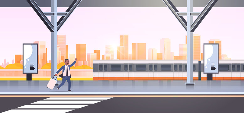 businessman running to catch train african american business man with luggage on railway station city public transport male cartoon character cityscape background full length horizontal banner