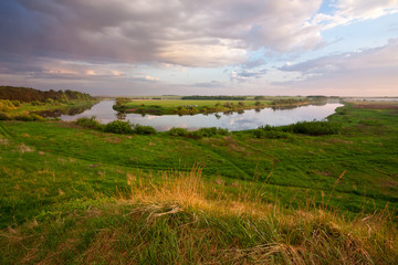 summer landscape on the banks of the green river at sunset, Russia