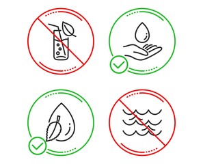 Do or Stop. Water glass, Water drop and Waves icons simple set. Soda drink, Mint leaf, Aqua drop. Nature set. Line water glass do icon. Prohibited ban stop. Good or bad. Vector