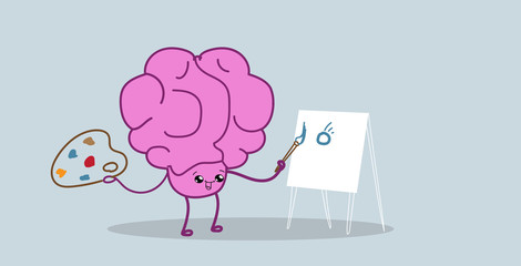 cute human brain organ pink cartoon character painting on easel art creativity concept kawaii style horizontal