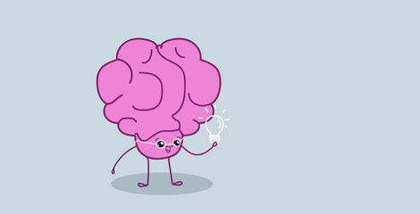cute human brain holding light lamp creative idea creativity imagination concept pink cartoon character kawaii style horizontal