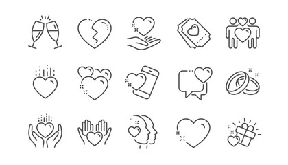 Fototapeta premium Love line icons. Gift box, Heart and Romantic letter. Wedding rings, glasses with champagne, love heart icons. Linear set. Vector