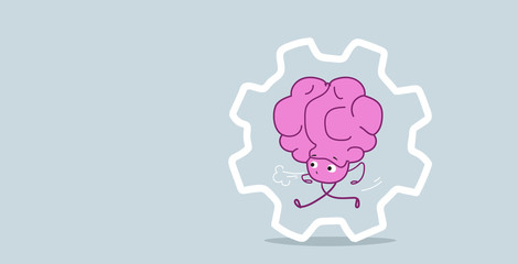 human brain running in cogwheel hardworking process workforce concept pink cartoon character kawaii style horizontal sketch doodle
